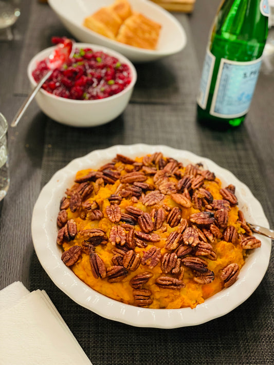 Healthy is Delish: Mashed Sweet Potatoes with Candied Pecans
